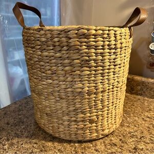 Woven Basket with Leather Accent Handles